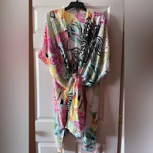 Chico’s Tropical Floral Open Poncho Jacket Kimono Wrap Onesize